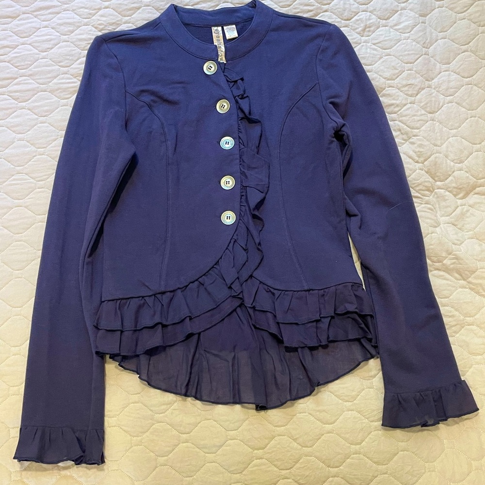 Cute ruffled fun lightweight jacket with metal buttons.